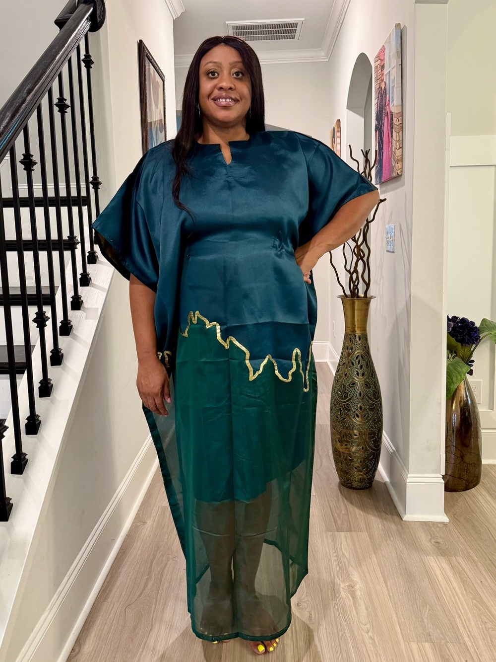 Elegant Teal Green Damask Organza Brocade Bubu Maxi Dress